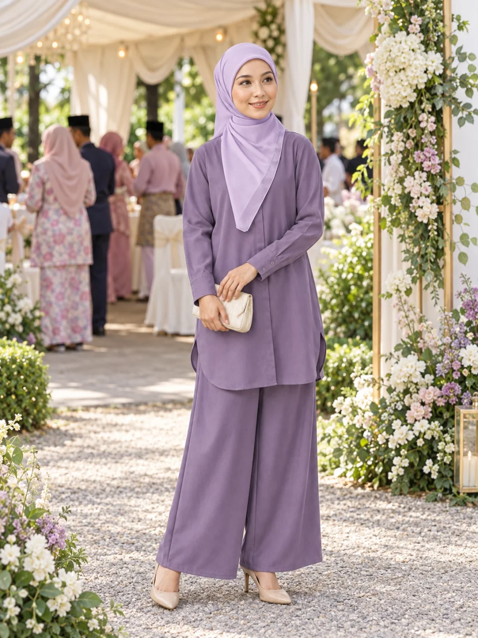 Inspirasi Dusty Purple — model berdiri penuh, pergi kenduri