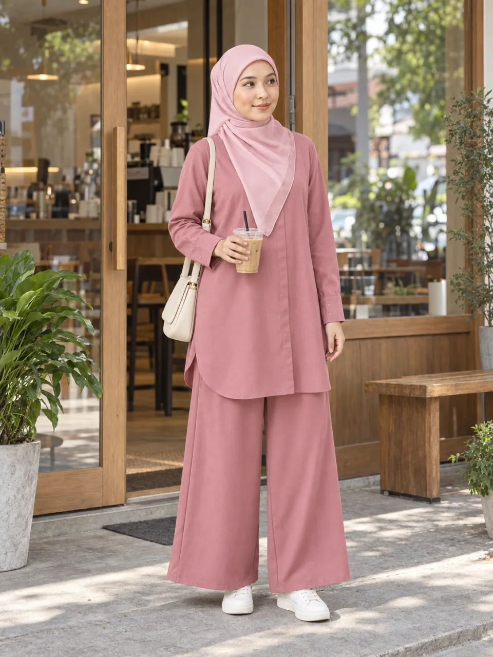 Inspirasi Dusty Pink — model berdiri penuh, singgah kedai kopi