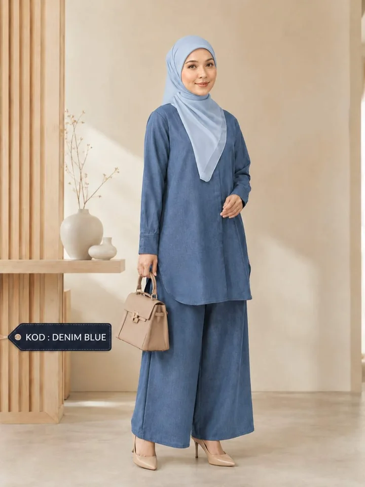 Butang hadapan sorok pada blouse Denim Blue